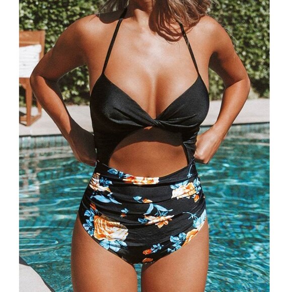 Cupshe Womens |L| Black Floral Print Halter Tummy Control One Piece Swimsuit - Picture 1 of 9